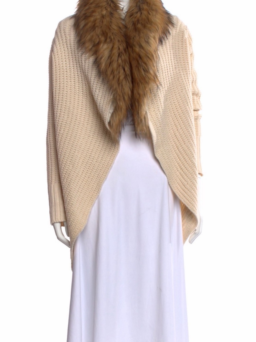 Joie XS  Cream Knit Shawl with Brown Faux Fur Collar quiet luxury old money